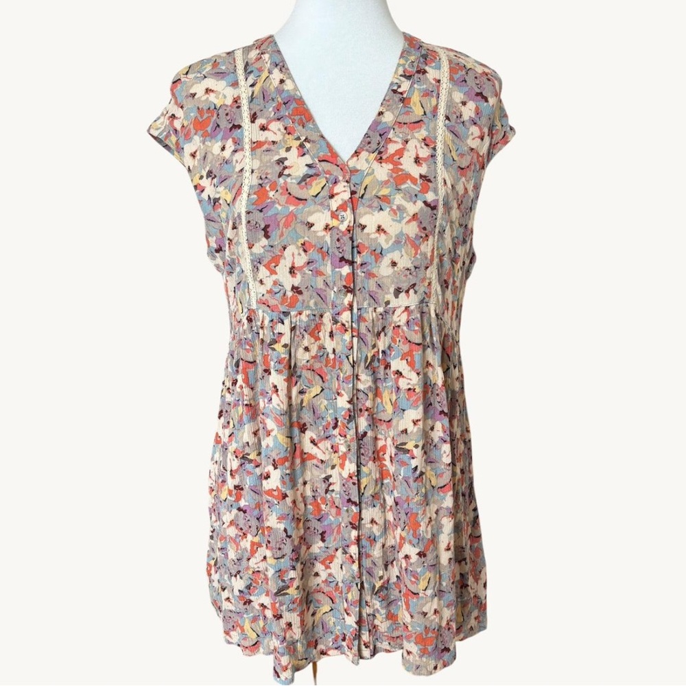 Anthropologie Boho Floral Babydoll Tunic Top Flowy Cottagecore V Neck Blouse S